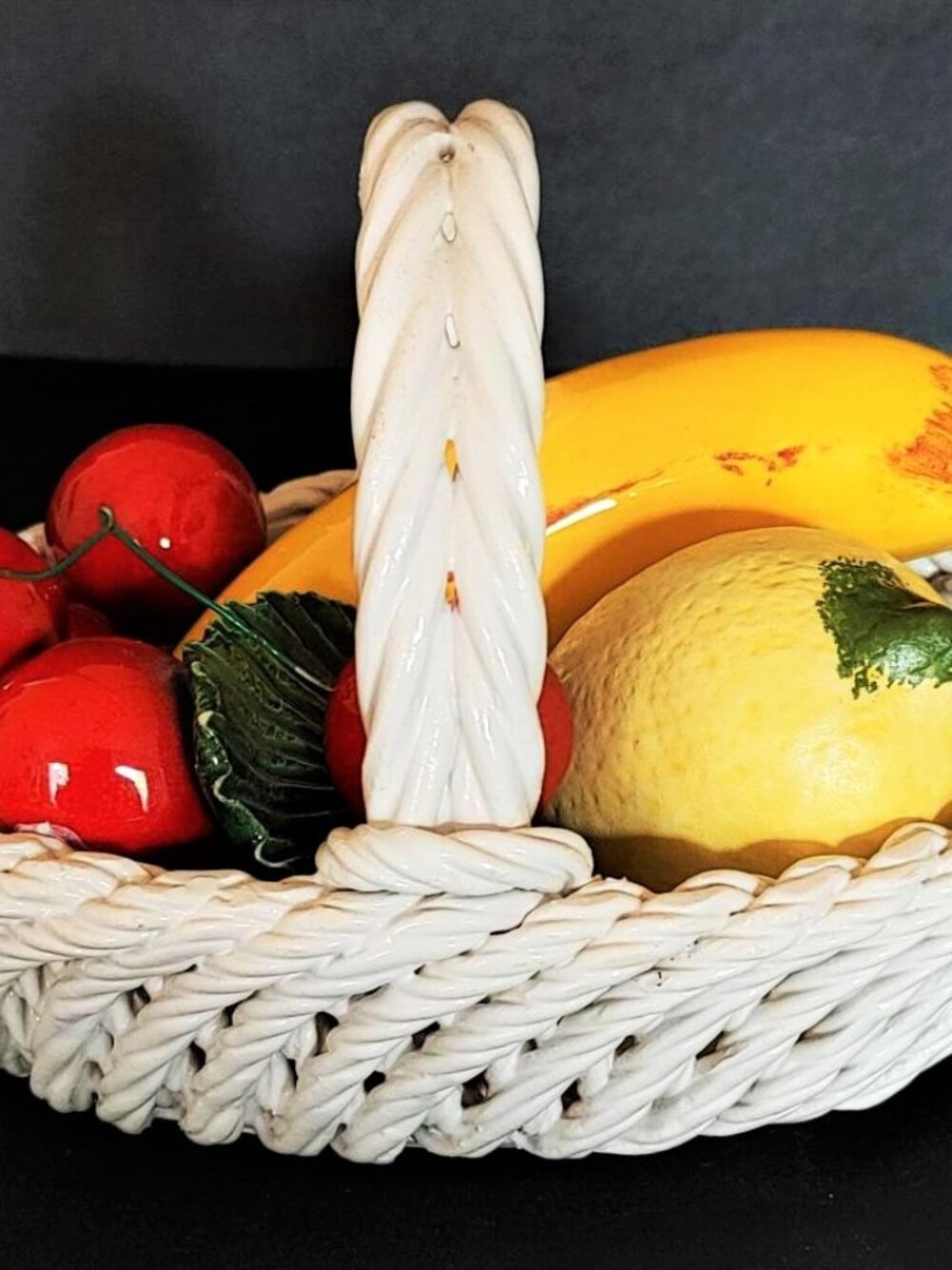 VTG Kitschy Braided Ceramic Fruit Basket Hand Painted With Realistic Fruit Italy